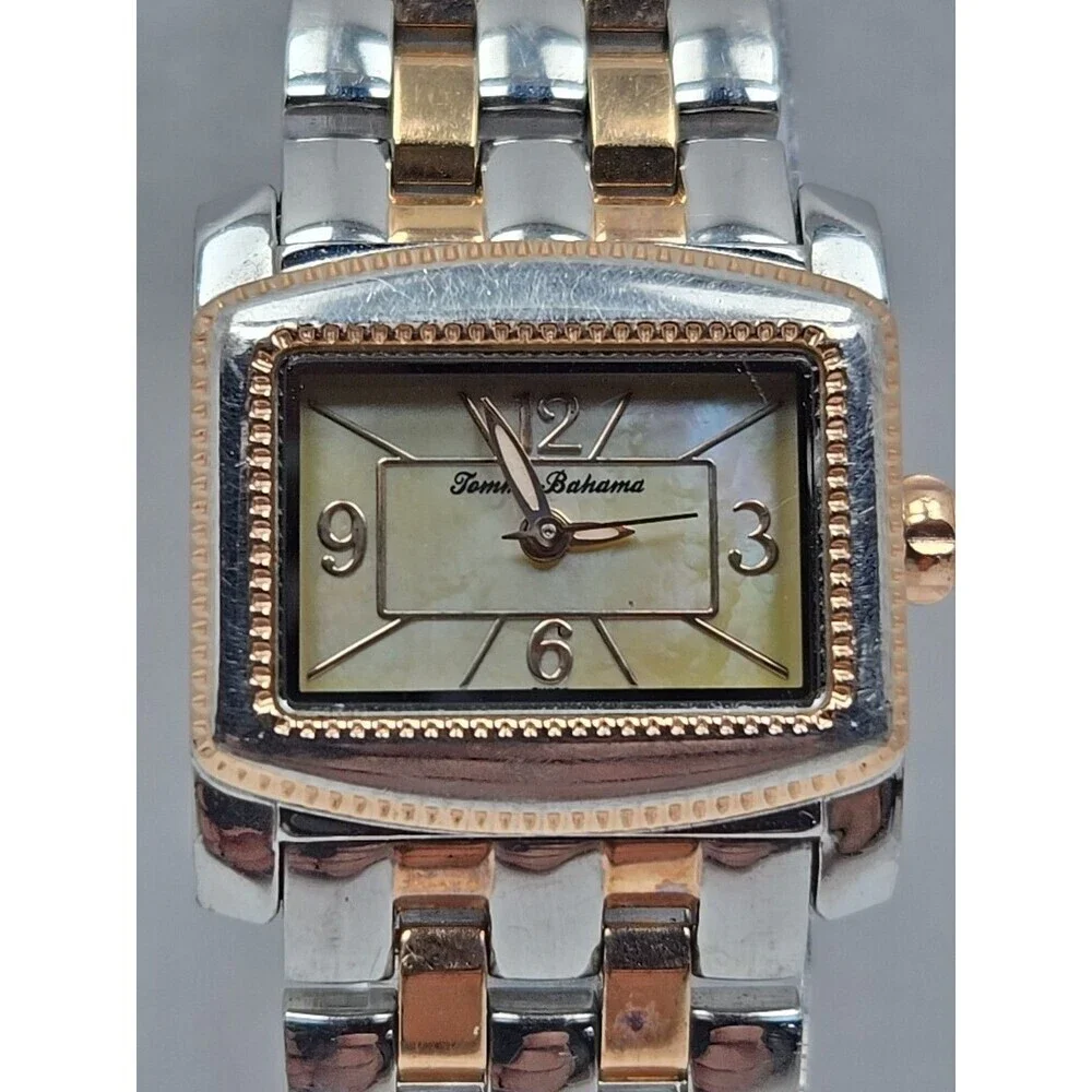 Tommy Bahama Womens Swiss MOP Tank Watch Rose Gold Silver Tone New Battery Dress
